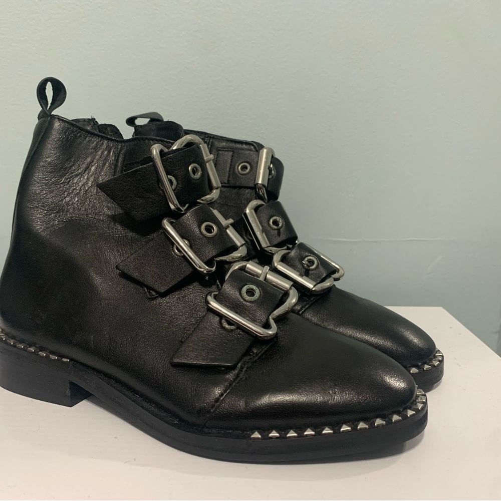Black Buckle Leather Ankle Boots - Picture 2 of 4